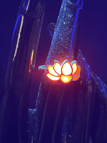 Phosphorescent Orange Fire Ring | Metal Flower Style Frame | Glow In The Dark | Resizable Luminous Jewelry