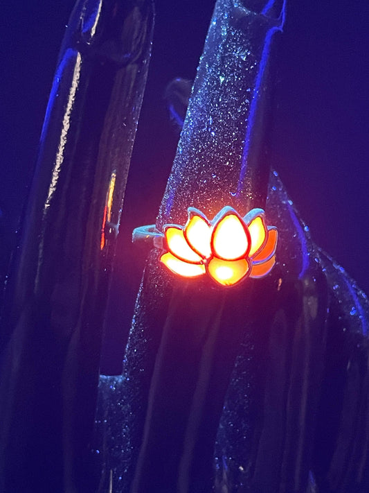Phosphorescent Orange Fire Ring | Metal Flower Style Frame | Glow In The Dark | Resizable Luminous Jewelry