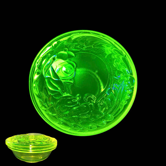 Uranium Glass (Trinket Box) With Engraved Roses | Glows Under UV Light
