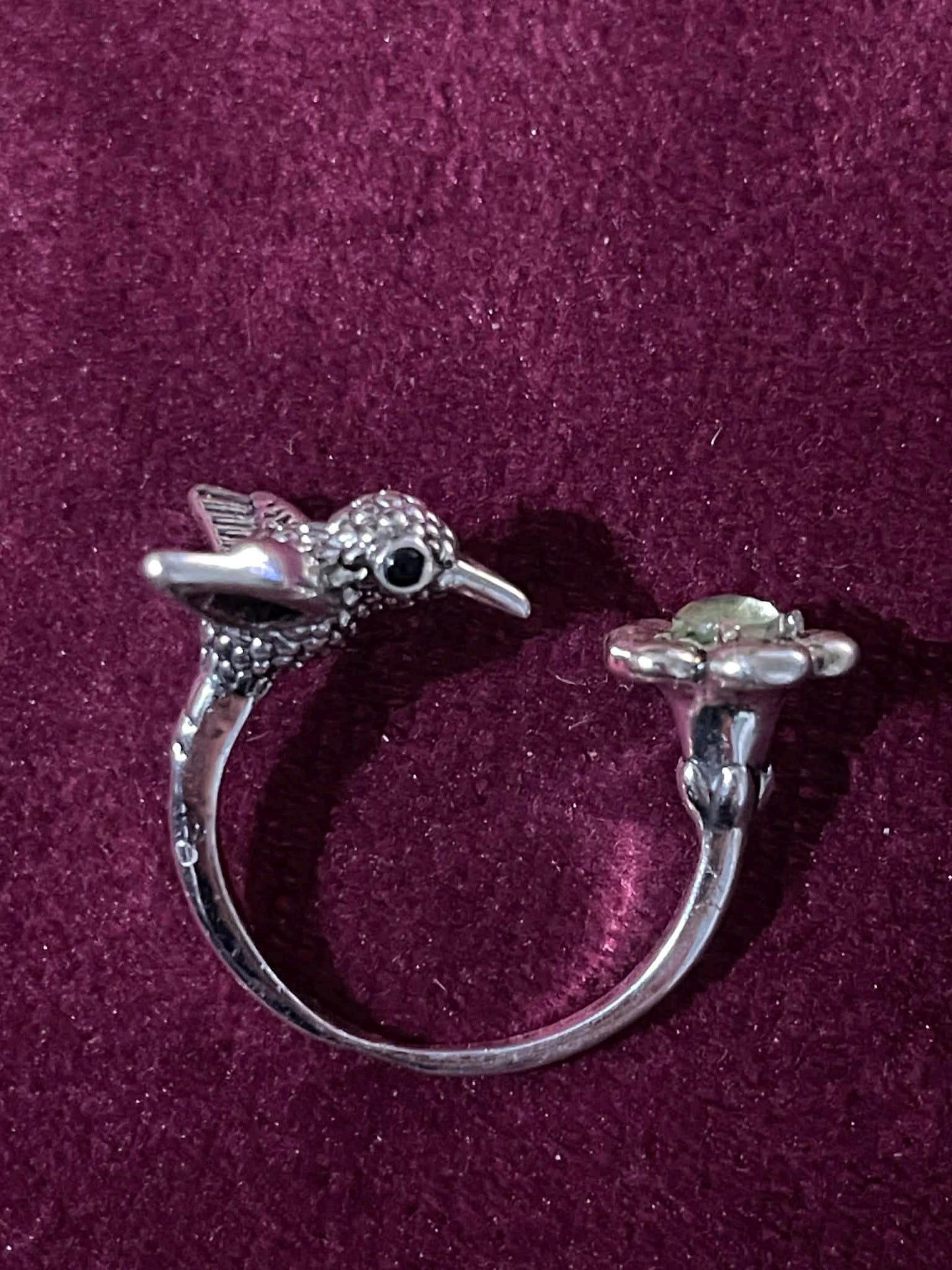 Uranium Glass (Hummingbird ) Ring With a Tiny Flower  | Adjustable Size | Glows Under UV Light | Handcrafted Vaseline Glass Jewelry