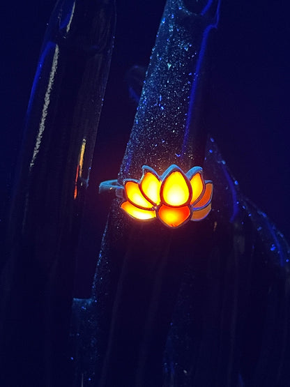 Phosphorescent Orange Fire Ring | Metal Flower Style Frame | Glow In The Dark | Resizable Luminous Jewelry