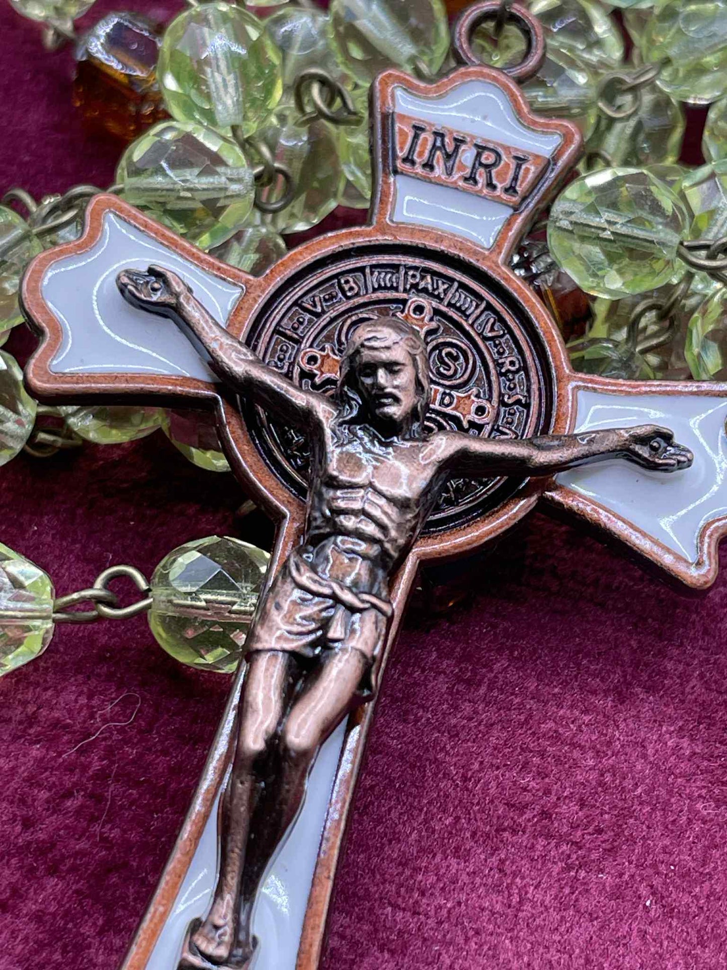 Bronze (Uranium Glass) Rosary | Fire-polished Honey Colored Beads With Bronze Flower Medal & Crucifix | Glows Under UV | Believer Jewelry
