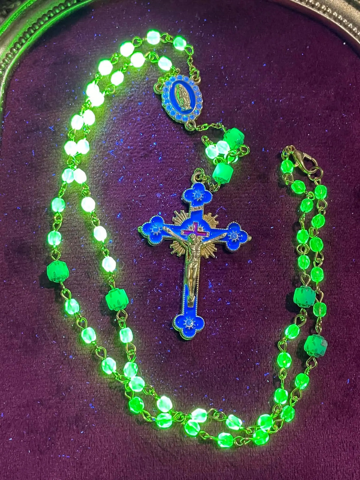 Uranium Glass Rosary | Catholic Crucifix | 59 Beads | UV Glowing