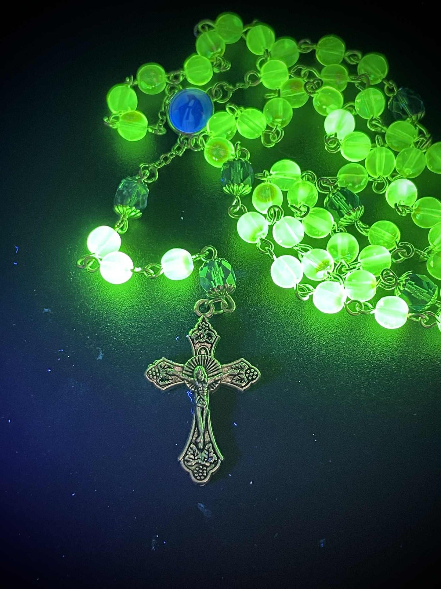 Silver-Blue (Uranium Glass) Rosary | Catholic Necklace From Yellow Vaseline Glass | Glowing Under UV Light | With Centerpiece of Saint Mary