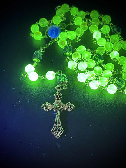 Silver-Blue (Uranium Glass) Rosary | Catholic Necklace From Yellow Vaseline Glass | Glowing Under UV Light | With Centerpiece of Saint Mary