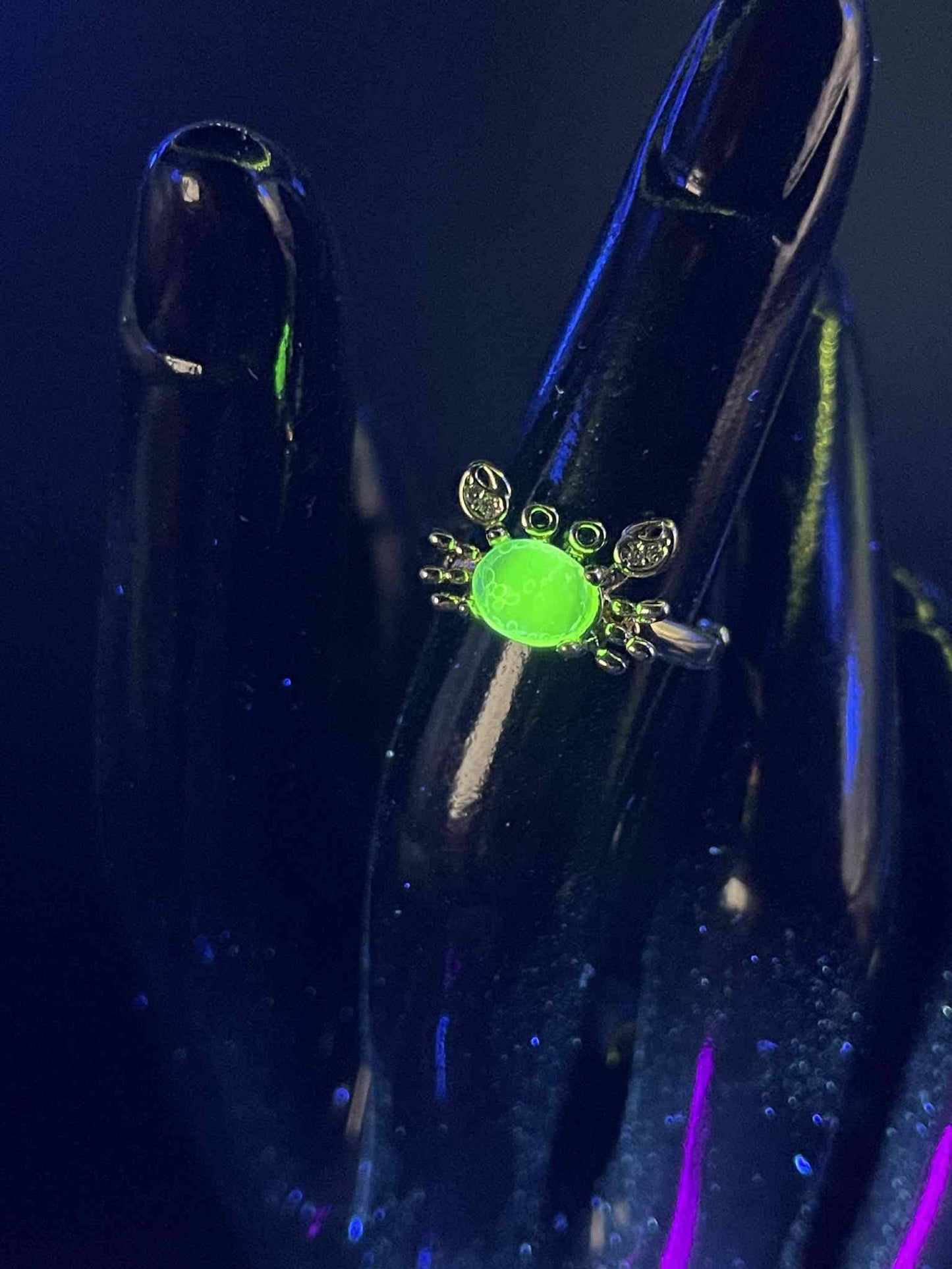 Uranium Glass (Crab) Ring (Adjustable Size) | Yellow Vaseline With Gold-tone Metal Frame | Glows Green Under UV Light | Luminous Animal