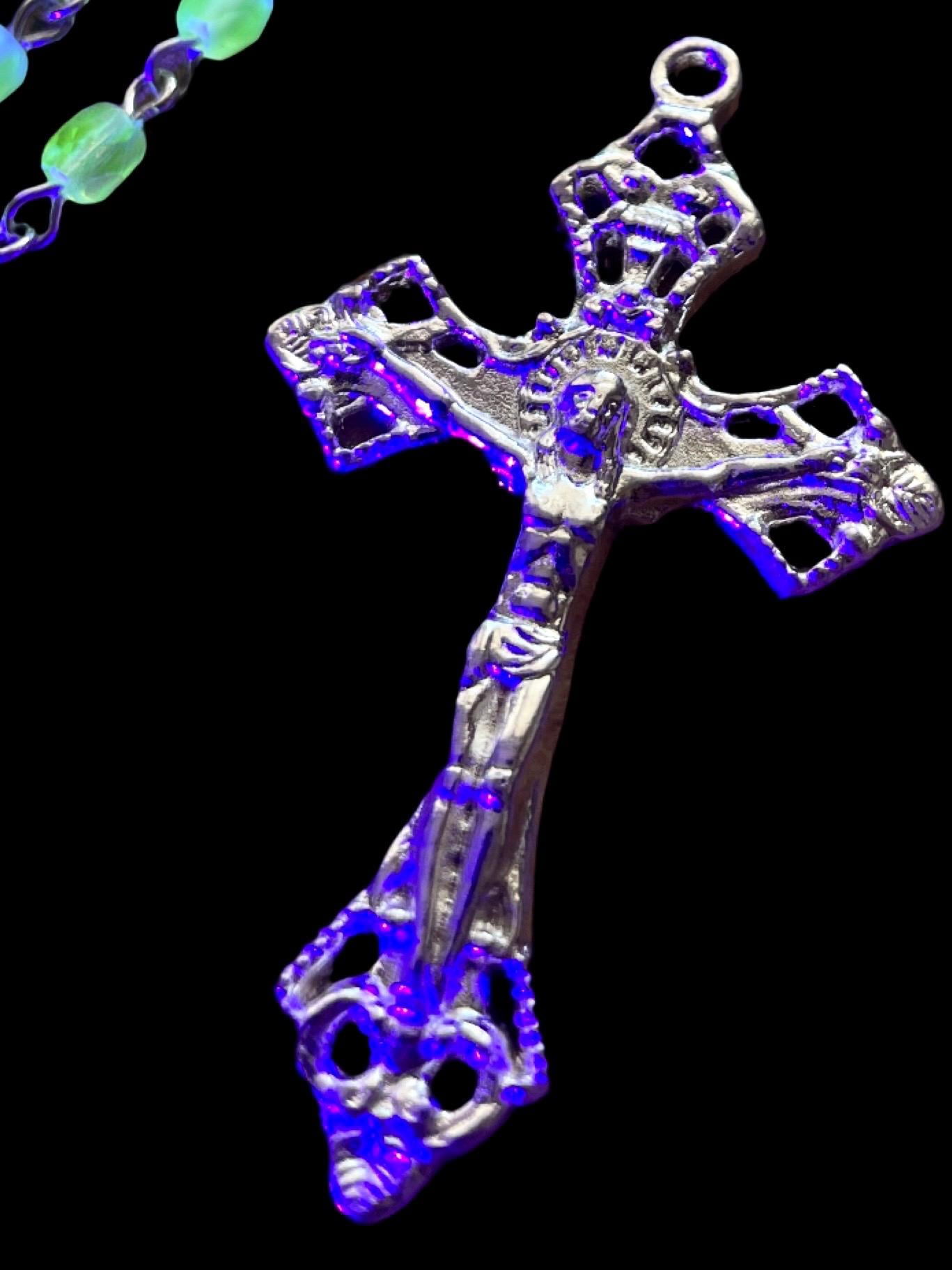 Uranium Glass Rosary with Jesus Crucifix & Virgin Mary Centerpiece | Pope’s Catholic Silver Necklace | Glows Under UV light | Prayer Jewelry