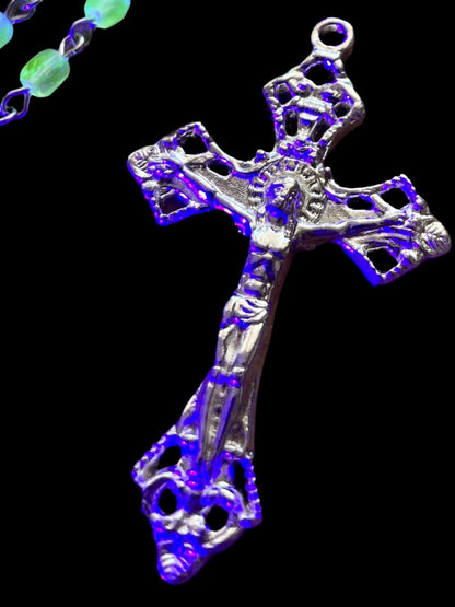 Uranium Glass Rosary with Jesus Crucifix & Virgin Mary Centerpiece | Pope’s Catholic Silver Necklace | Glows Under UV light | Prayer Jewelry