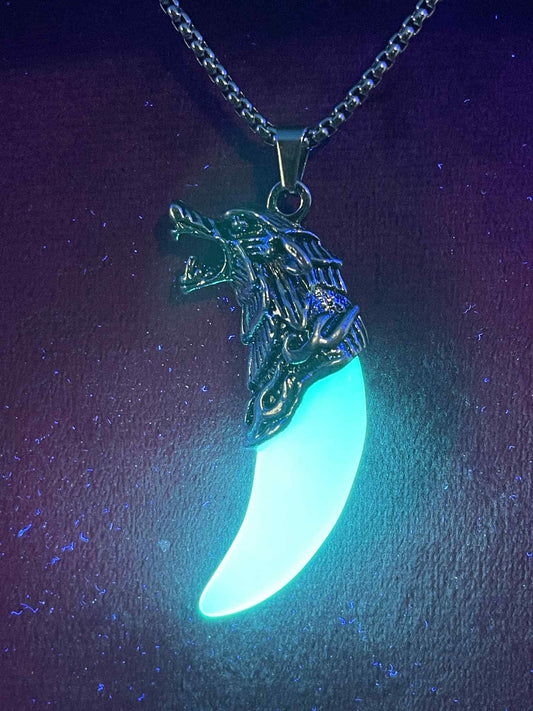 Phosphorous Game Of Thrones (Wolf) Necklace | Blue Fluorescent Tooth Shape Pendant | Glows In The Dark | Stainless Steel Luminous Jewelry