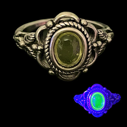 Vaseline Yellow Cabochon Ring Size 7,8 | Handmade Uranium Glass Oval Jewelry | Glows Under UV Light | Radioactive Art Deco Style