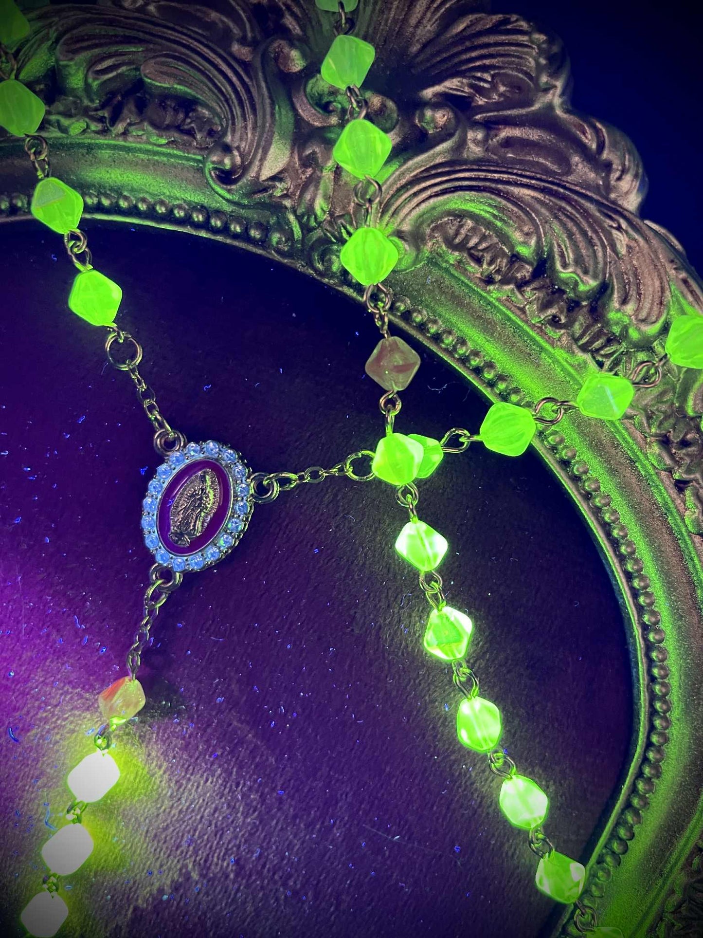 Uranium Glass (Salmon Color) Rosary | Octahedron Religious Necklace of Green Vaseline | It Glows Under UV Light | 59 Beads Gold Crucifix