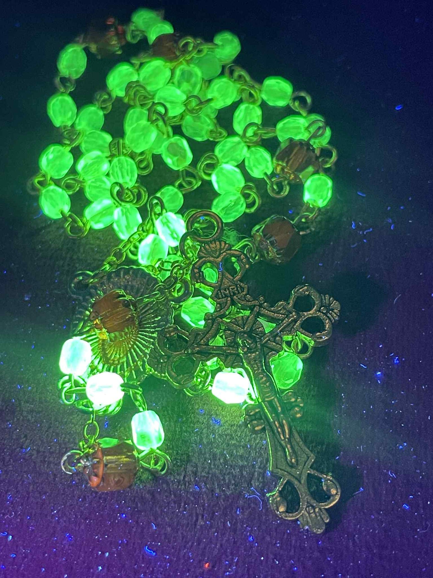Uranium Glass Rosary | Golden Jesus Crucifix & White Holy Mary Medal | Golden Chain, 6 Orange And 53 4mm Vaseline Fire-Polished Beads