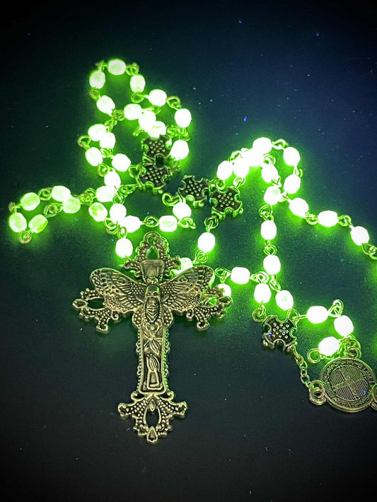 Uranium Glass (Moth) Rosary Necklace | Death's-head Hawk-moth Made of Yellow Vaseline Glass | It Glows Under UV Light | 59 Beads Crucifix