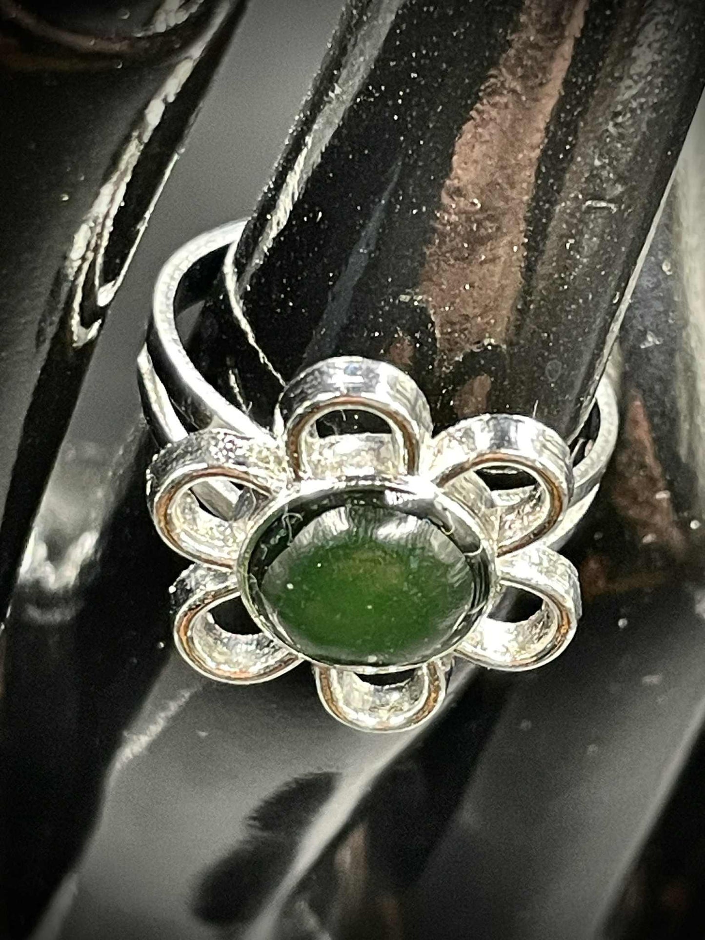 Uranium Glass (Flower) Ring (Adjustable Size) | Yellow Vaseline Jewelry of Daisy Plant | It Glows Green Under UV Light | Dark Silver Bloom