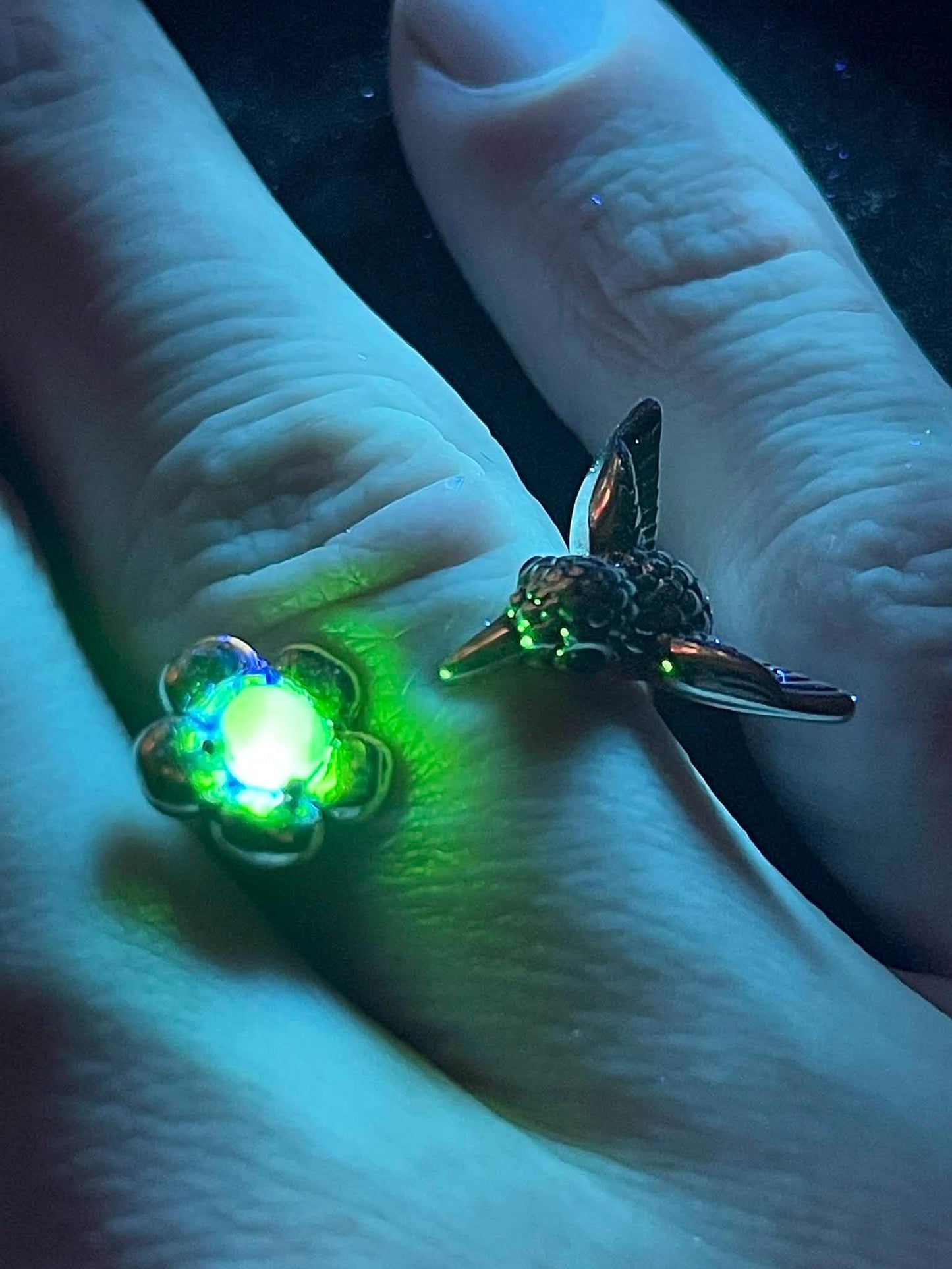 Uranium Glass (Hummingbird ) Ring With a Tiny Flower  | Adjustable Size | Glows Under UV Light | Handcrafted Vaseline Glass Jewelry