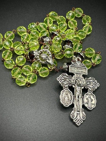 Uranium Glass Rosary with Jesus, Virgin Mary & St. Benedict | Crimson Beads Vaseline Necklace | Glowing Catholic Cross Made of 59 Beads