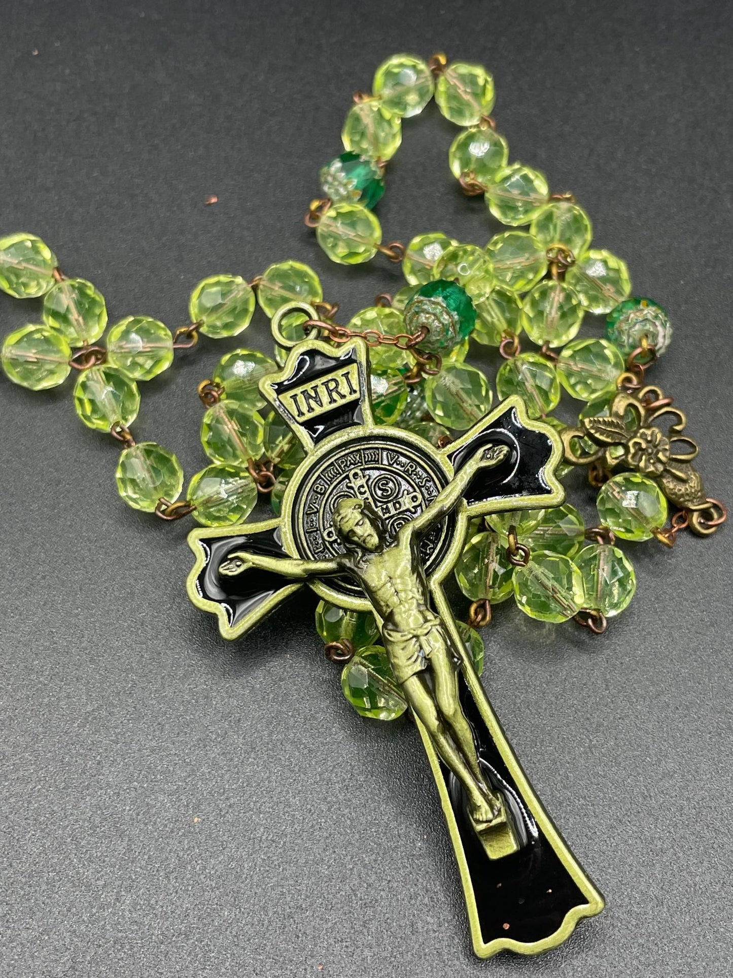 Jesus Rosary Made Of (Uranium Glass) | Green Fire-Polished Beads | Vaseline Bronze Necklace with Green-Black Crucifix | Glows Under UV Light