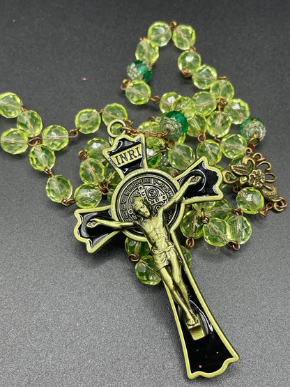 Jesus Rosary Made Of (Uranium Glass) | Green Fire-Polished Beads | Vaseline Bronze Necklace with Green-Black Crucifix | Glows Under UV Light