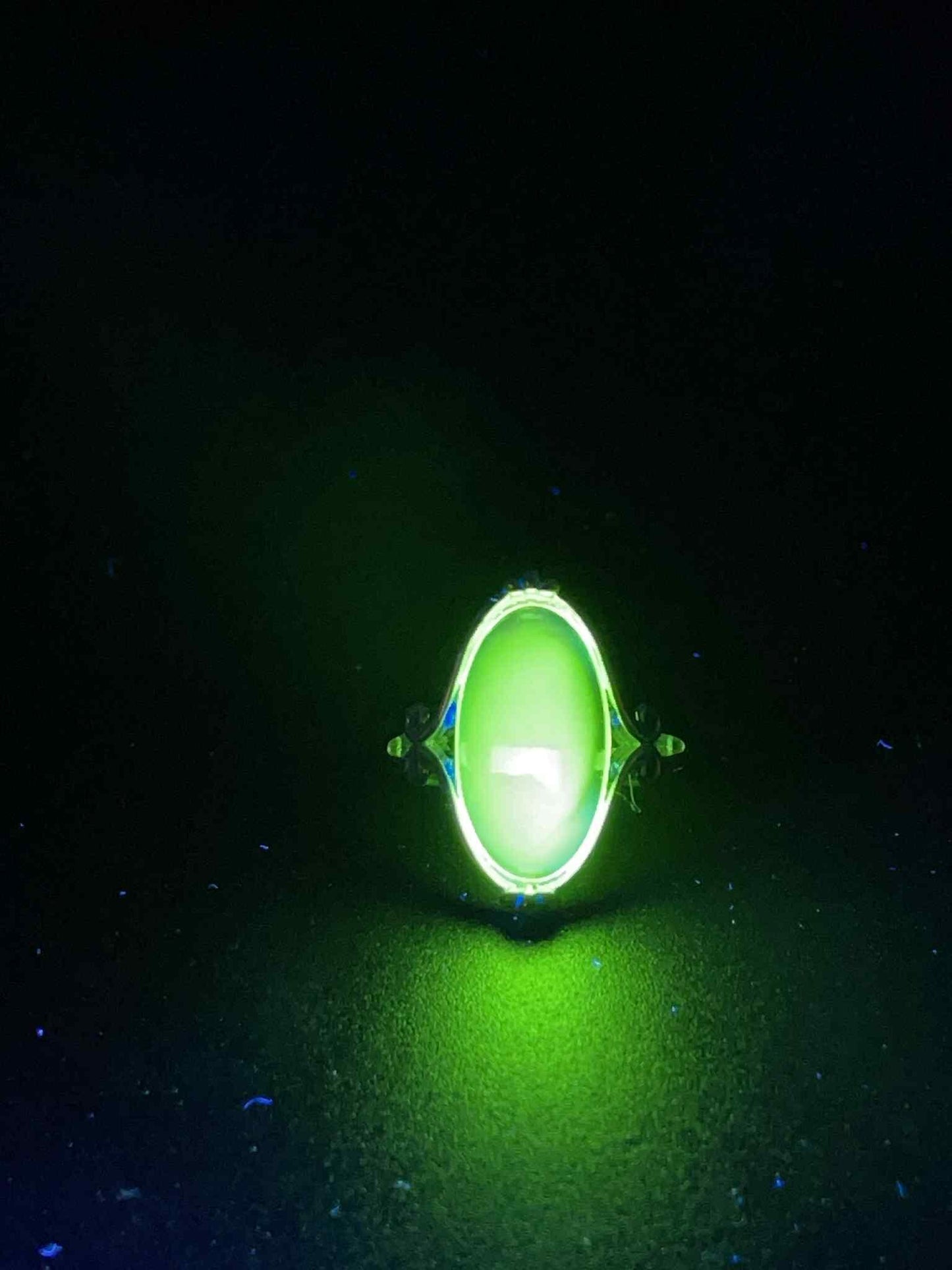Handcrafted Uranium Glass Long Oval Ring (Size 7) | Vaseline Glass Jewelry | Glows Green Under UV Light | Beautiful Silver Decorative Frame