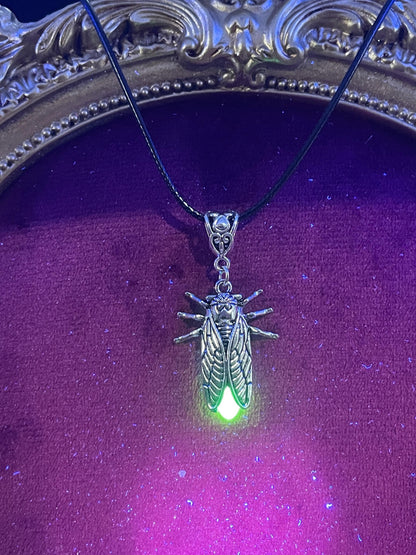 Uranium Glass Firefly Necklace | Fluorescent Yellow Vaseline Glass Pendant | Glows Under UV Light | Luminous Cicada Bug Jewelry