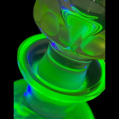 Uranium Glass Wine Decanter/Carafe | Vaseline Glass Bottle with Etched Grapes & Leaves | Glows Under UV Light | Bohemian 1930s Art Deco