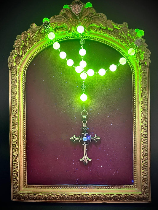 Crucifix Rosary from Uranium Glass | Gothic Floral Amulet with Lotus & Rose | It Glows Under UV Light | Yellow Vaseline Necklace Jewelry