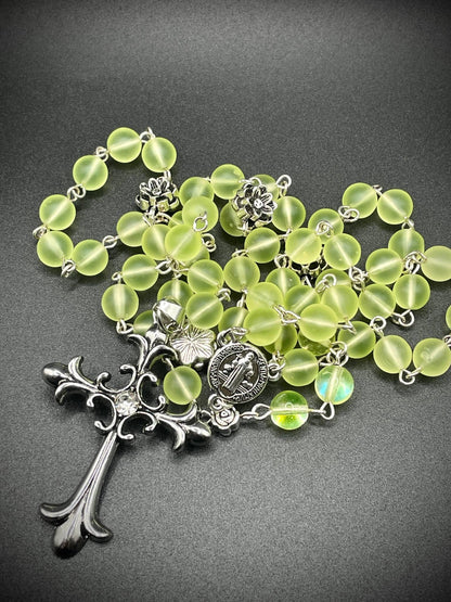 Crucifix Rosary from Uranium Glass | Gothic Floral Amulet with Lotus & Rose | It Glows Under UV Light | Yellow Vaseline Necklace Jewelry