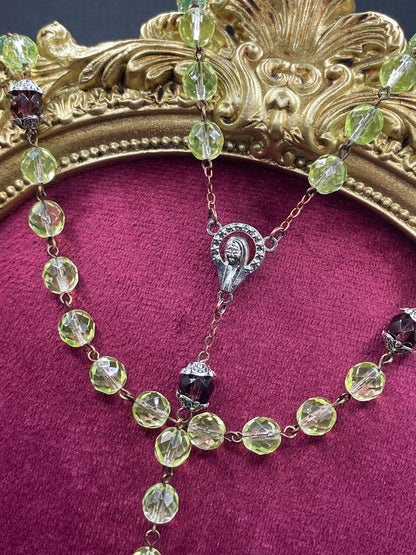 Uranium Glass Rosary with Jesus, Virgin Mary & St. Benedict | Crimson Beads Vaseline Necklace | Glowing Catholic Cross Made of 59 Beads