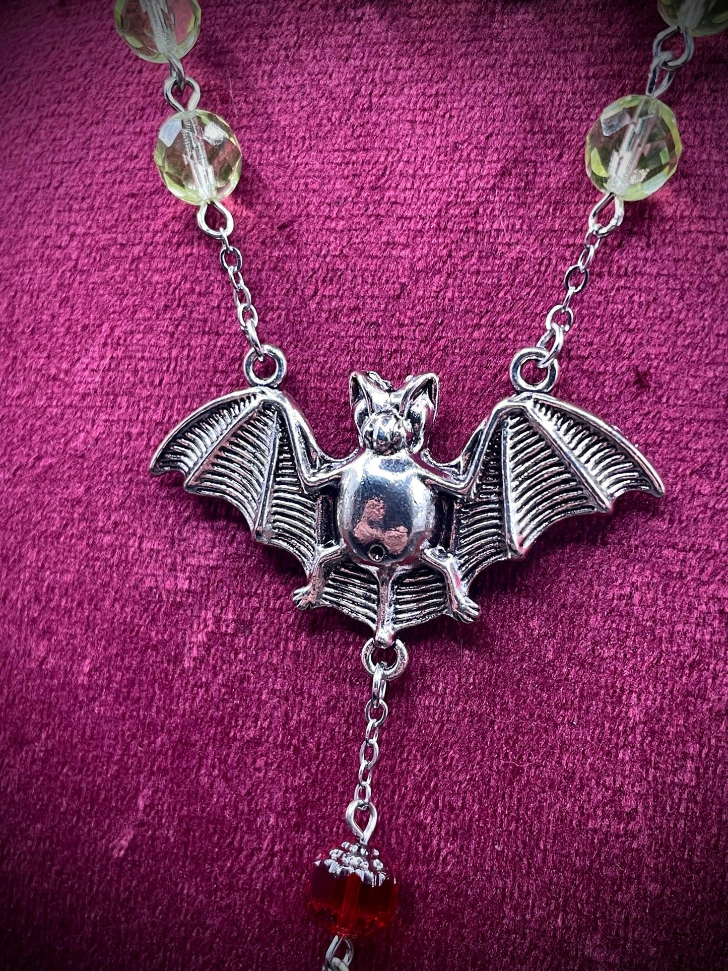Vampire Rosary from (Uranium Glass) | Gothic Crimson Blood Necklace | It Glows Under UV Light | The Halloween Cross in Yellow Vaseline Glass