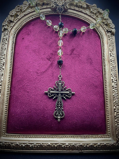 Uranium Glass Gothic Rosary | Dark Religious Green Vaseline Necklace | It Glows Under UV Light | Catholic Crucifix Pendant Made of 59 Beads