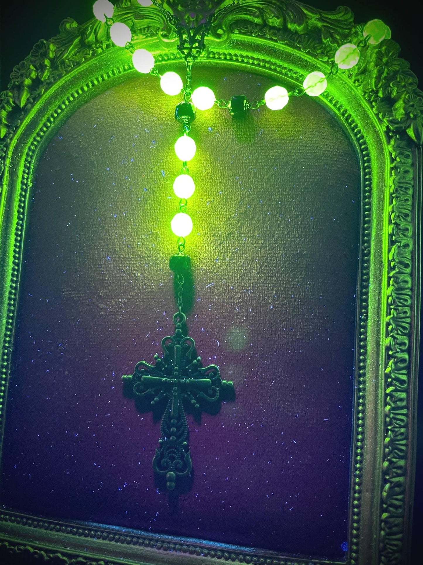 Uranium Glass Gothic Rosary | Dark Religious Green Vaseline Necklace | It Glows Under UV Light | Catholic Crucifix Pendant Made of 59 Beads