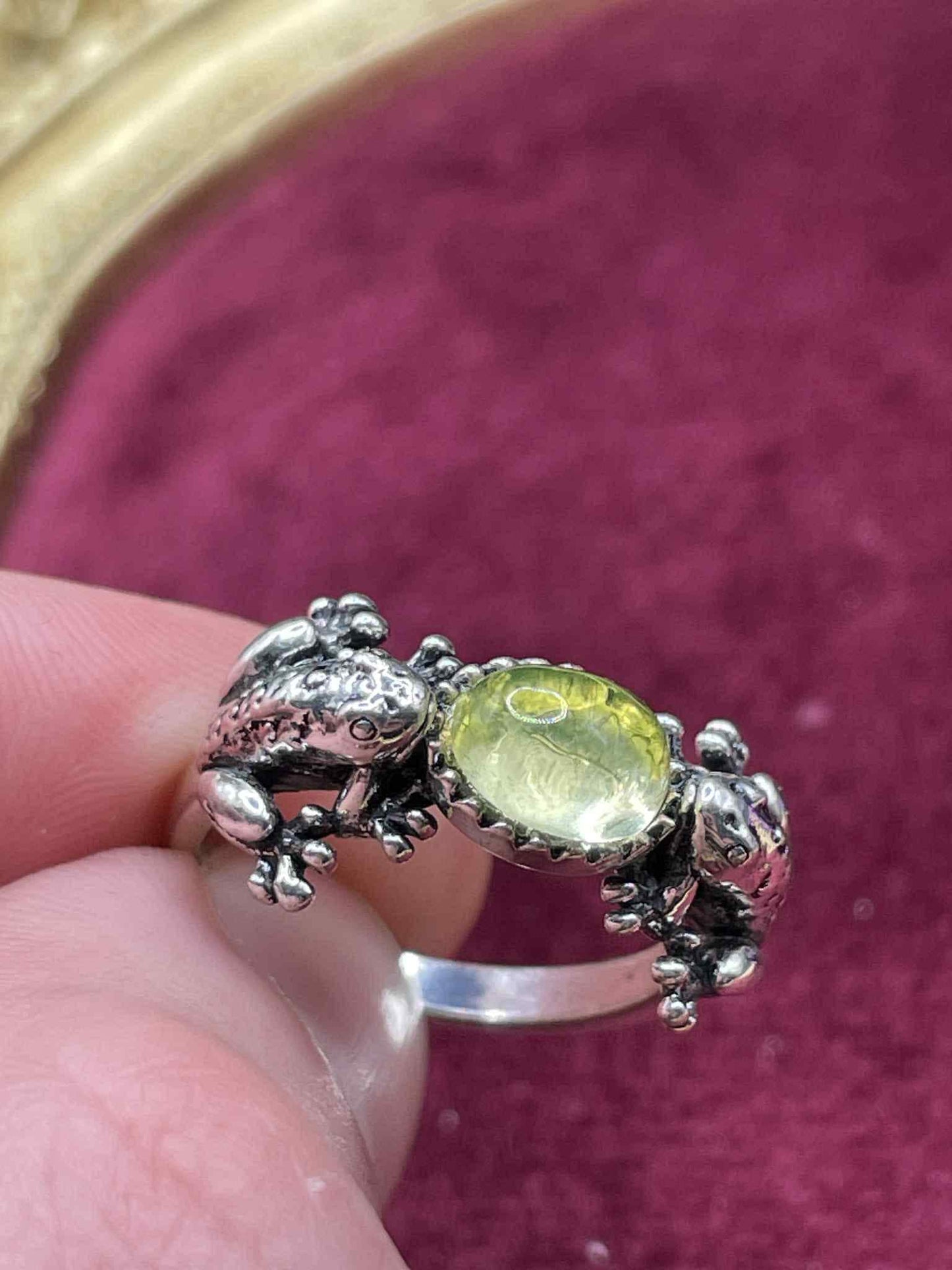 Uranium Glass (Frog) Ring Animal | Yellow Vaseline Glass With Metallic Silver Base | It Glows Under UV Light | Handcrafted Toad Jewelry