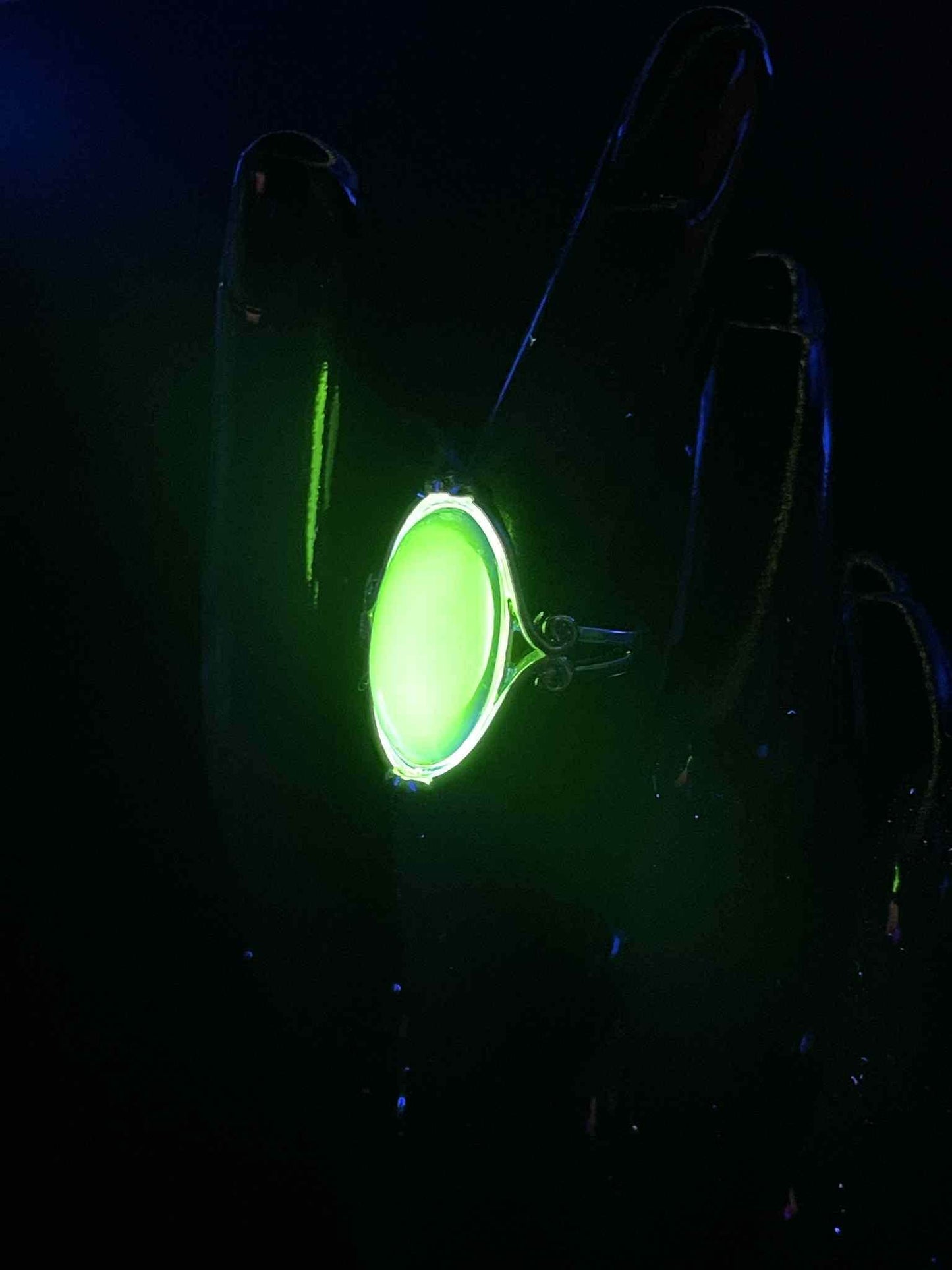 Handcrafted Uranium Glass Long Oval Ring (Size 7) | Vaseline Glass Jewelry | Glows Green Under UV Light | Beautiful Silver Decorative Frame