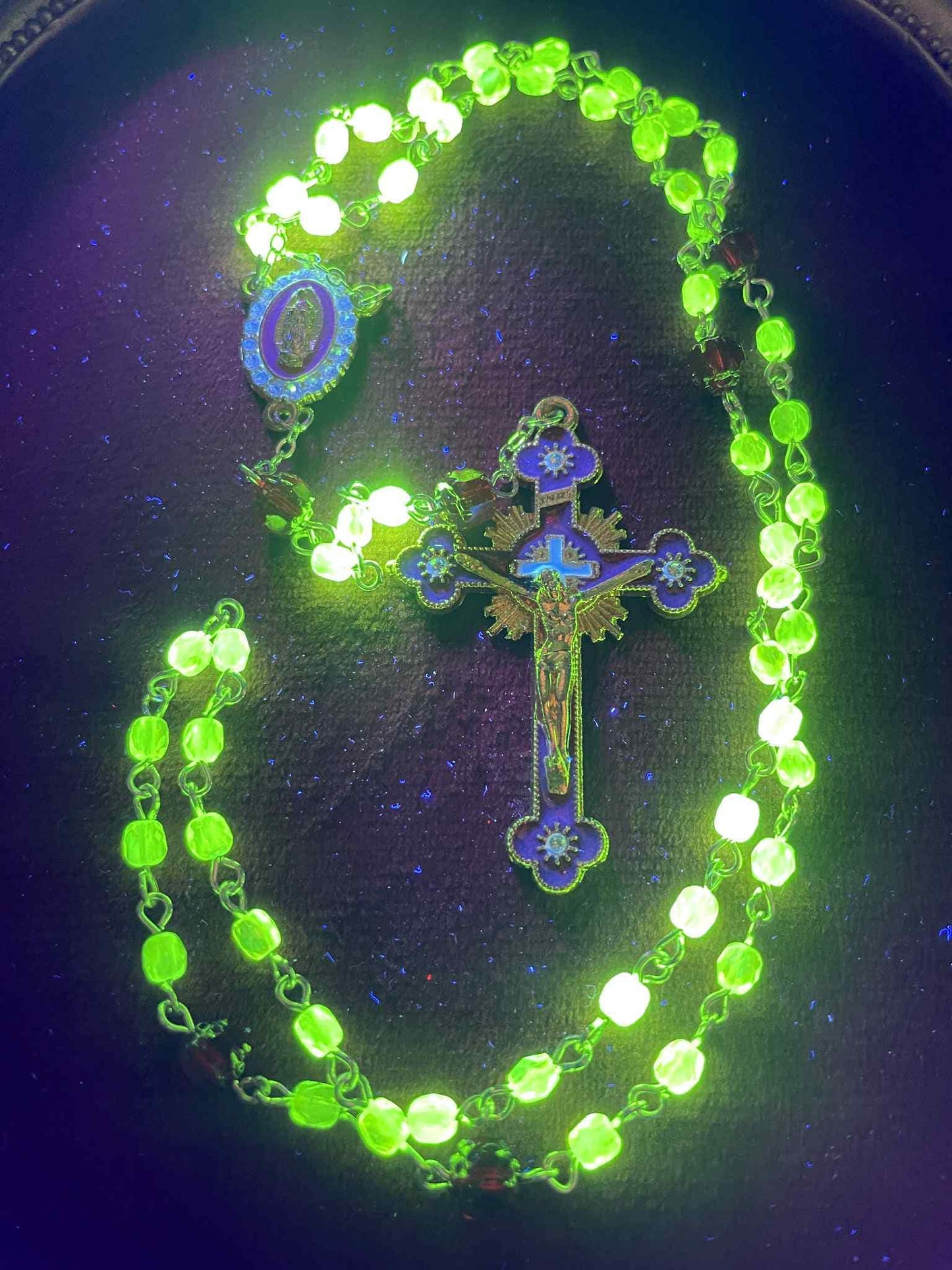 Glowing Uranium Glass Rosary | Small Catholic Crucifix Necklace | Made of 6 Colourful Cathedral Beads & 53 (4mm) FirePolished Vaseline Beads
