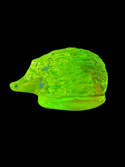 1930s Uranium Glass Hedgehog Figurine - Yellow Vaseline UV Light Glass Animal Statue - Glowing Fluorescent Depressive Glass Art