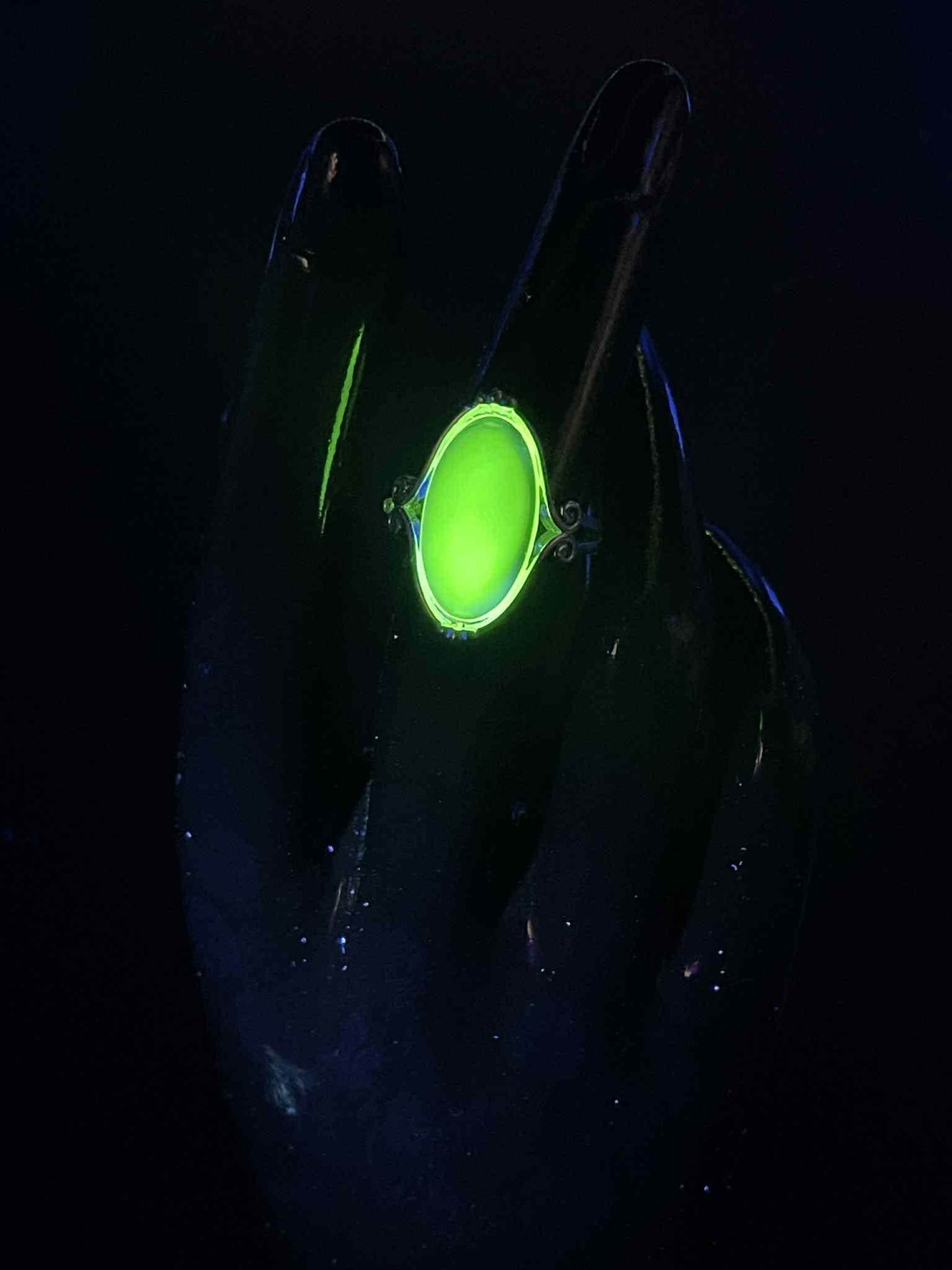 Handcrafted Uranium Glass Long Oval Ring (Size 7) | Vaseline Glass Jewelry | Glows Green Under UV Light | Beautiful Silver Decorative Frame