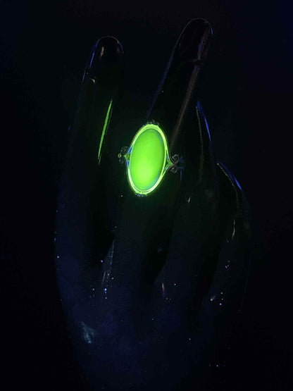 Handcrafted Uranium Glass Long Oval Ring (Size 7) | Vaseline Glass Jewelry | Glows Green Under UV Light | Beautiful Silver Decorative Frame