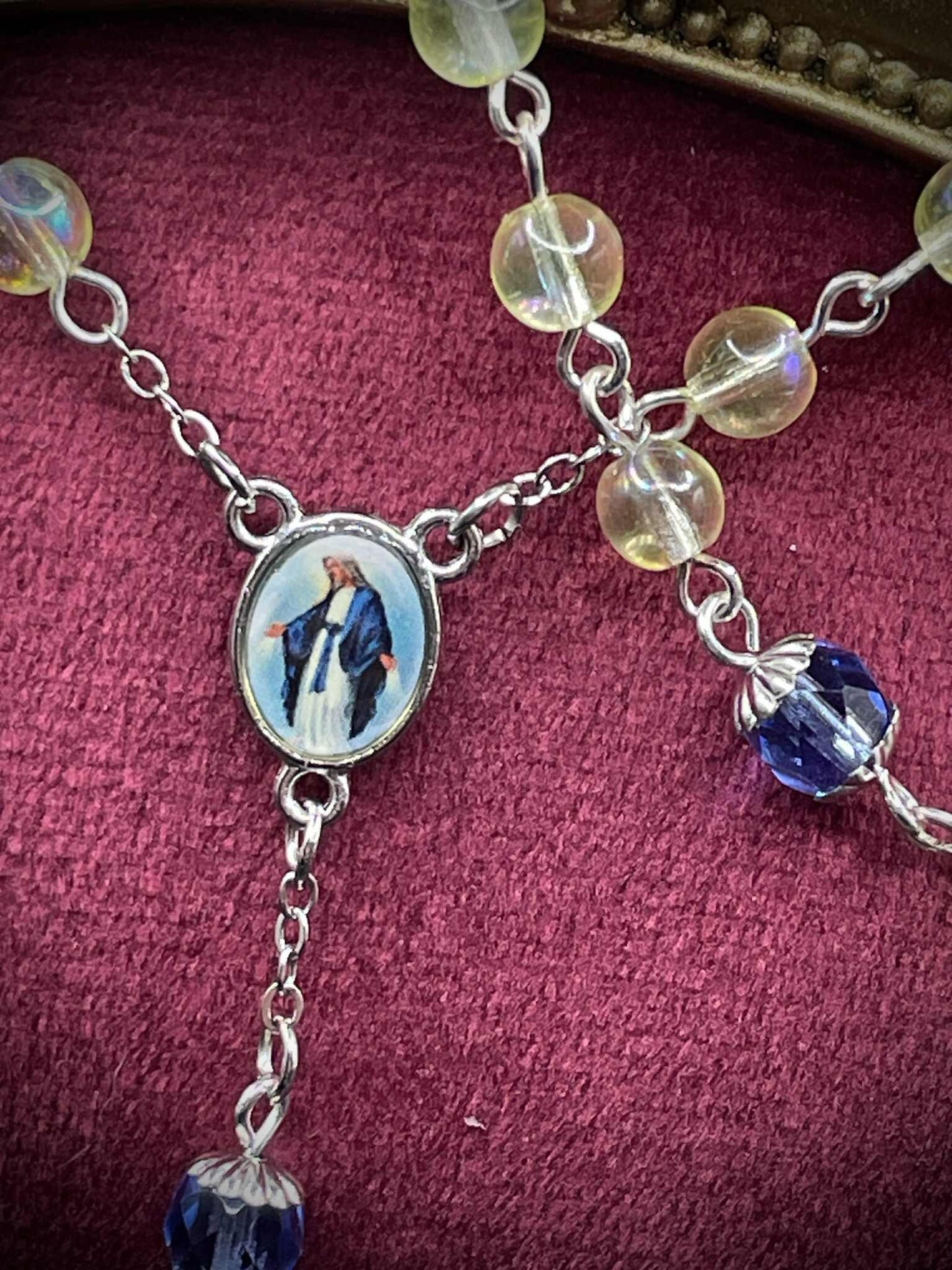 Silver-Blue (Uranium Glass) Rosary | Catholic Necklace From Yellow Vaseline Glass | Glowing Under UV Light | With Centerpiece of Saint Mary