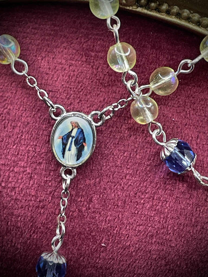 Silver-Blue (Uranium Glass) Rosary | Catholic Necklace From Yellow Vaseline Glass | Glowing Under UV Light | With Centerpiece of Saint Mary