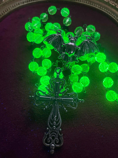 Uranium Glass Gothic Rosary | Dark Religious Green Vaseline Necklace | It Glows Under UV Light | Catholic Crucifix Pendant Made of 59 Beads