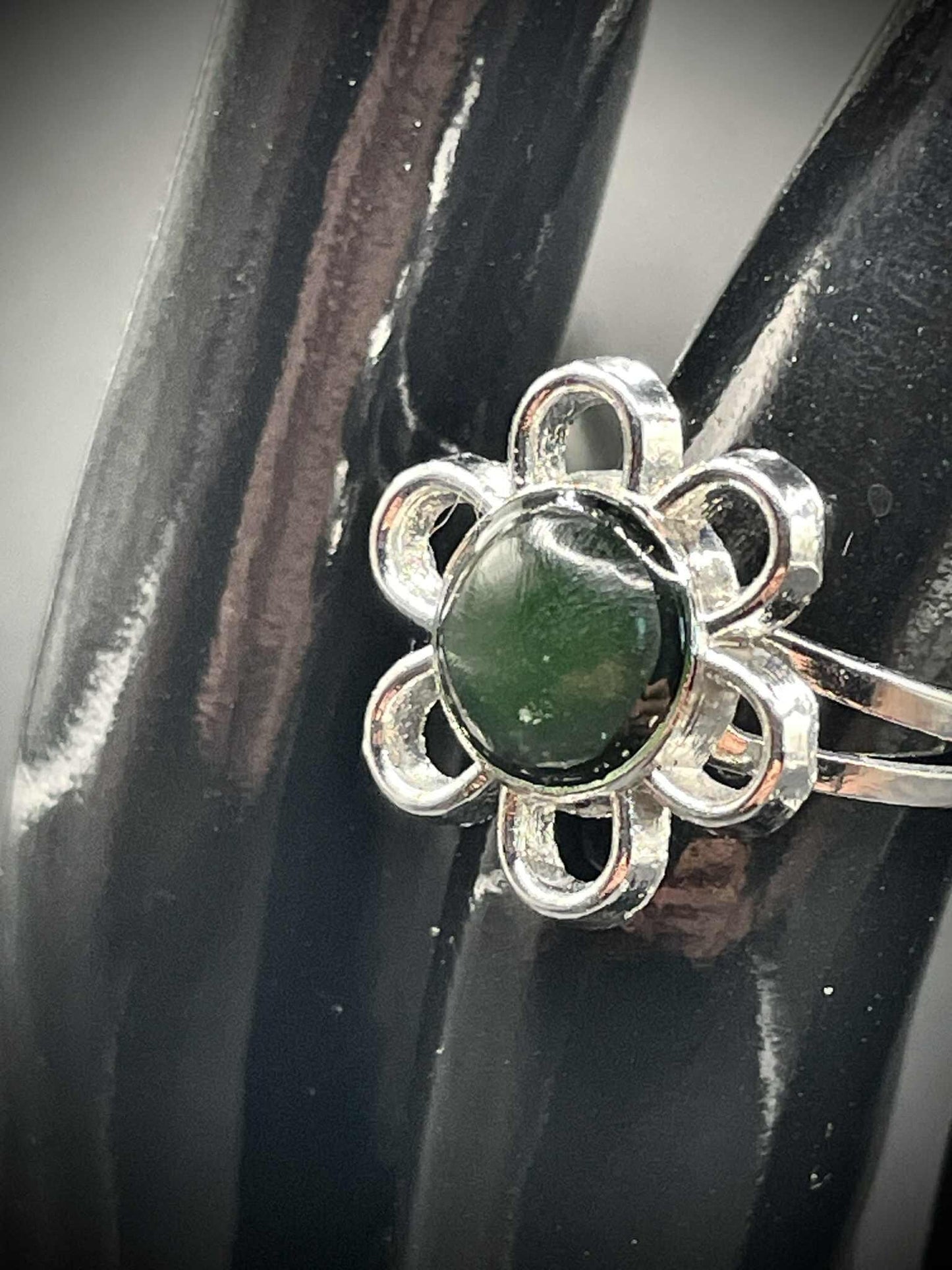 Uranium Glass (Flower) Ring (Adjustable Size) | Yellow Vaseline Jewelry of Daisy Plant | It Glows Green Under UV Light | Dark Silver Bloom
