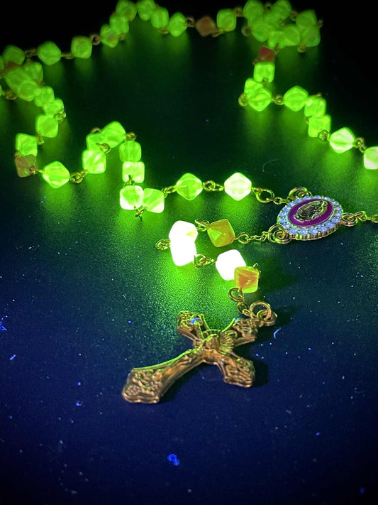 Uranium Glass (Salmon Color) Rosary | Octahedron Religious Necklace of Green Vaseline | It Glows Under UV Light | 59 Beads Gold Crucifix