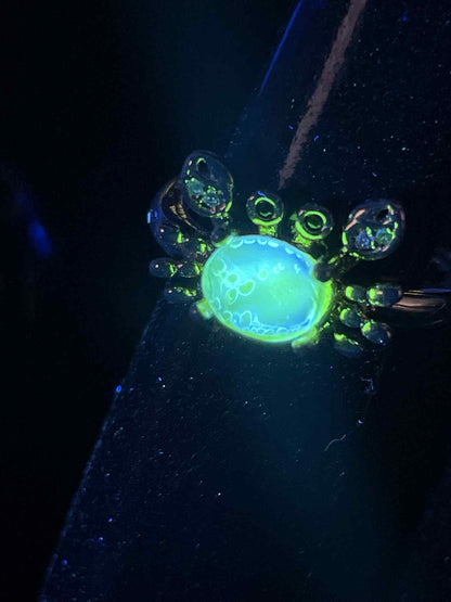 Uranium Glass (Crab) Ring (Adjustable Size) | Yellow Vaseline With Gold-tone Metal Frame | Glows Green Under UV Light | Luminous Animal