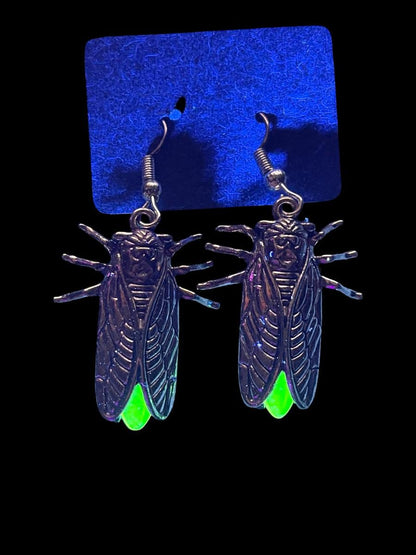 Uranium Glass (Firefly) Earrings | UV Glowing Green Cicada Vaseline Bug Jewelry | Glow-In-The-Dark Luminous Insect | Includes One Pair