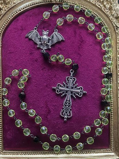 Uranium Glass Gothic Rosary | Dark Religious Green Vaseline Necklace | It Glows Under UV Light | Catholic Crucifix Pendant Made of 59 Beads