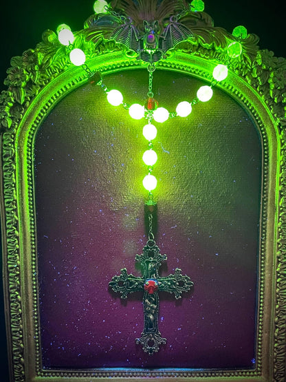 Vampire Rosary from (Uranium Glass) | Gothic Crimson Blood Necklace | It Glows Under UV Light | The Halloween Cross in Yellow Vaseline Glass