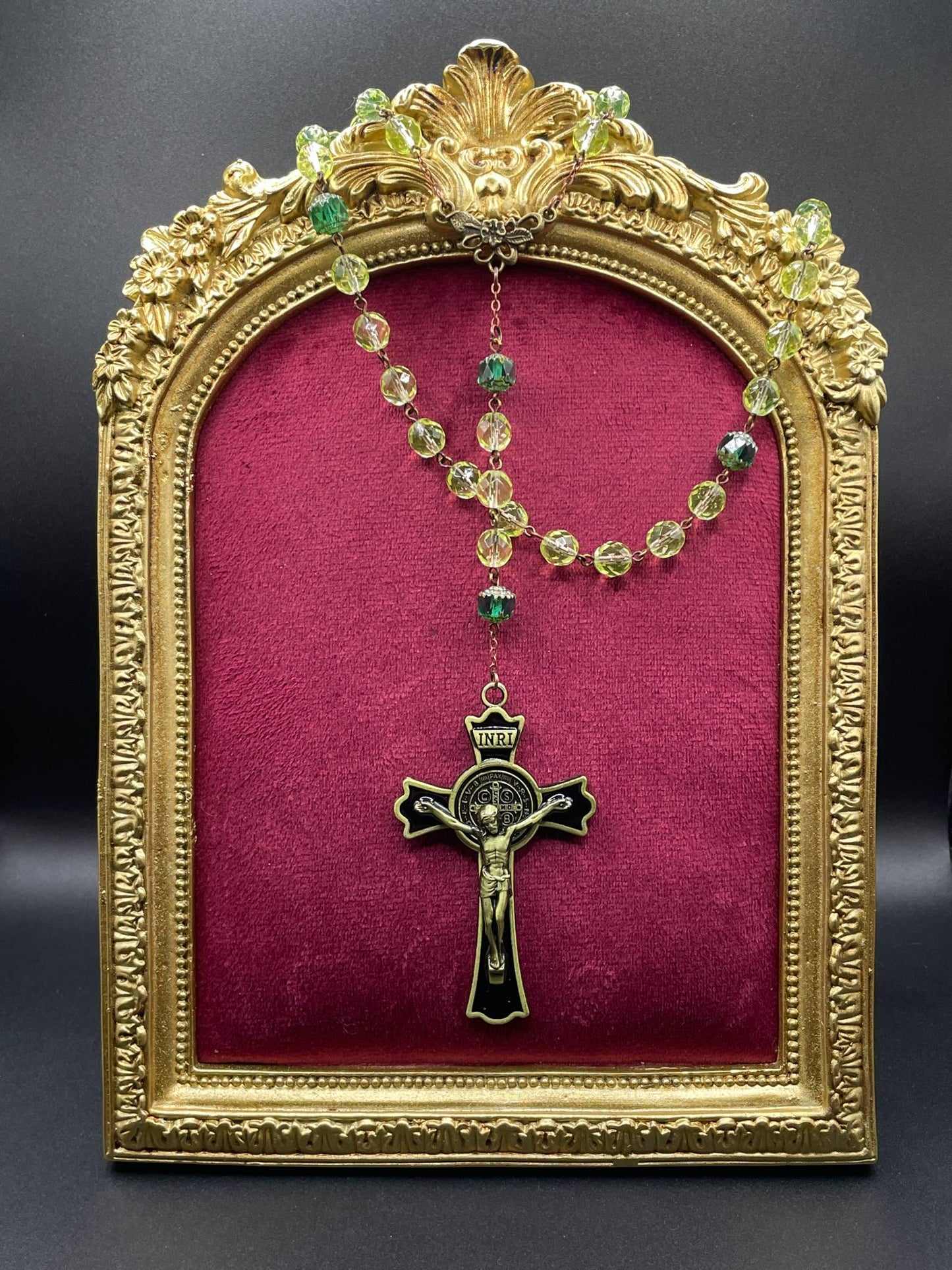 Jesus Rosary Made Of (Uranium Glass) | Green Fire-Polished Beads | Vaseline Bronze Necklace with Green-Black Crucifix | Glows Under UV Light