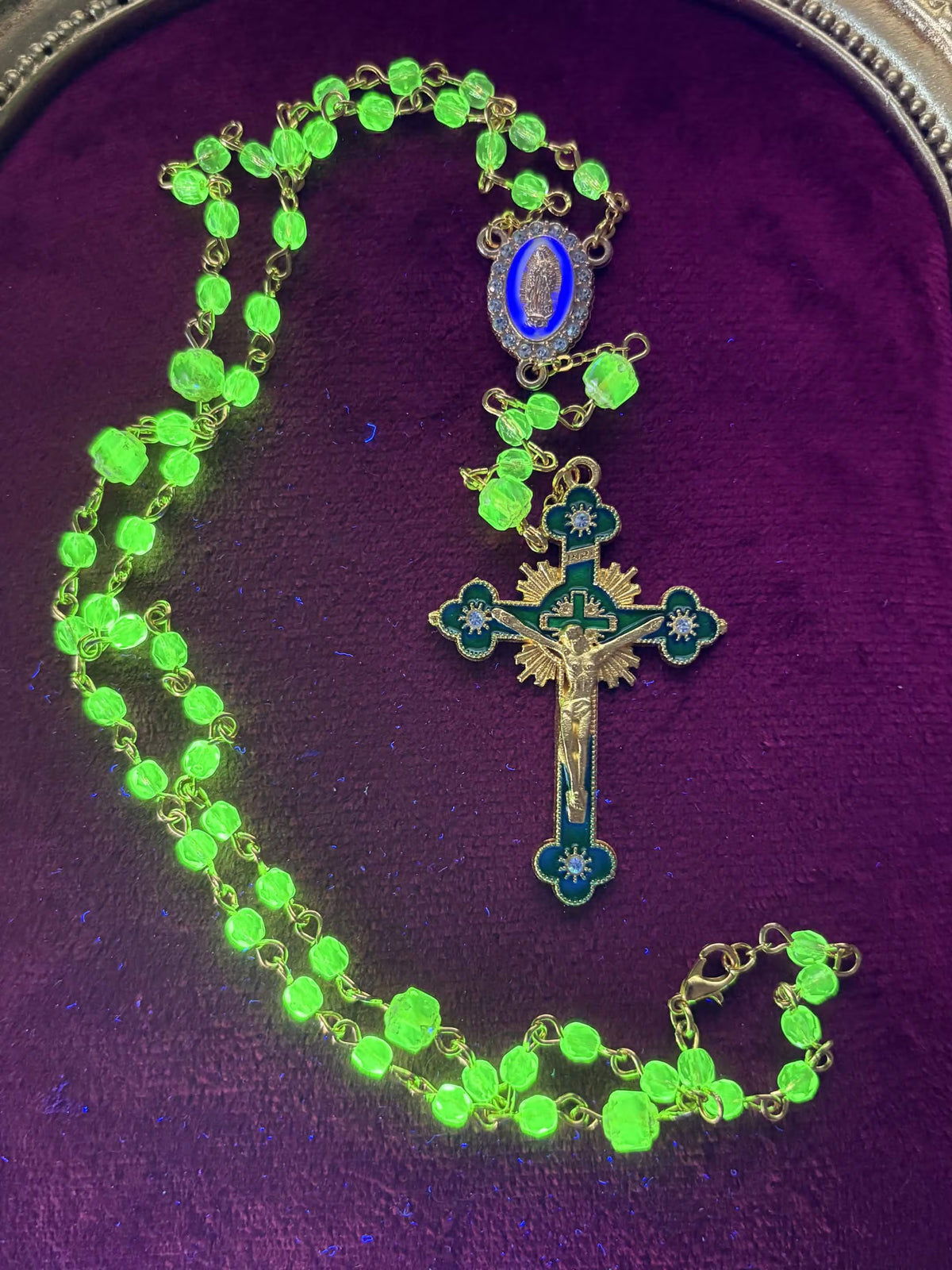 Uranium Glass Rosary | Catholic Crucifix | 59 Beads | UV Glowing