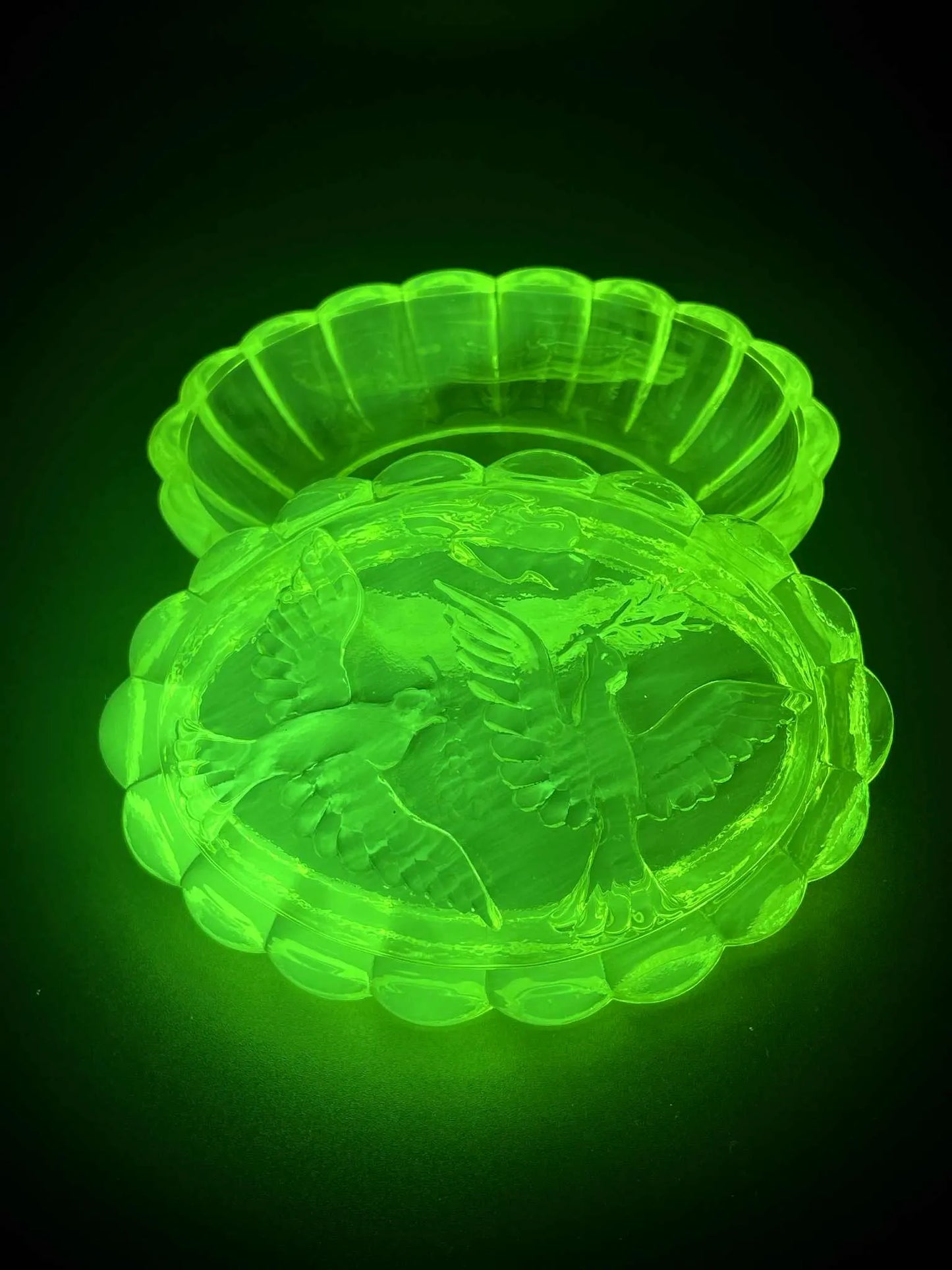 Holy (Dove) Jewelry Box | Uranium Glass | Bird Ornament Trinket | Glows Under UV Light