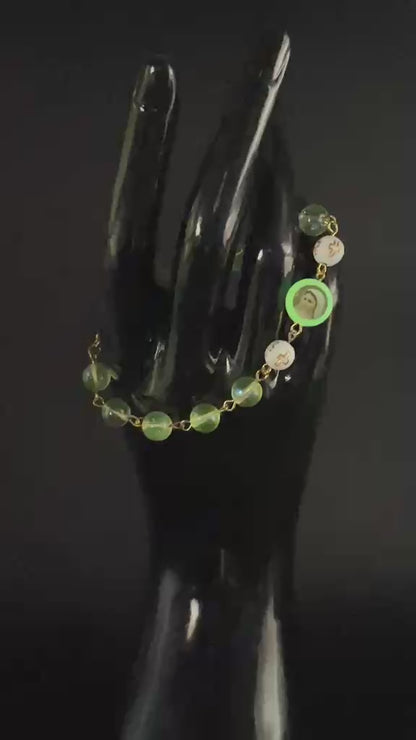 Glowing Religious Bracelet | Uranium Glass | Jesus & Virgin Mary | White/Gold Beads